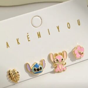 14K Gold Disney Stitch & Angel & Crump Stud Mismatched Asymmetrical Earrings Set